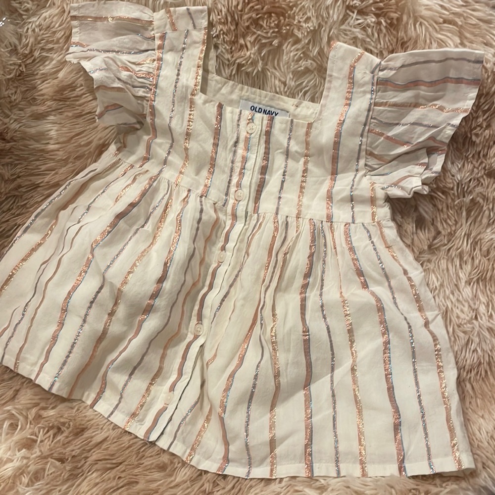 OLD NAVY Girls Rose gold striped cotton Pinafore Blouse Ruffle Sleeve | 5T